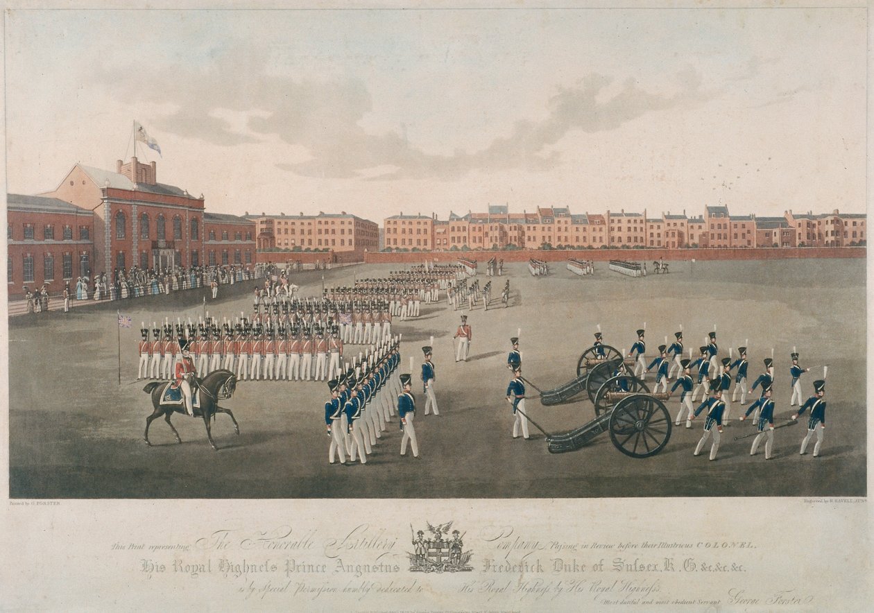 Scène van Honourable Artillery Company, City Road, Finsbury, Islington, Londen, 1829 door Robert Havell