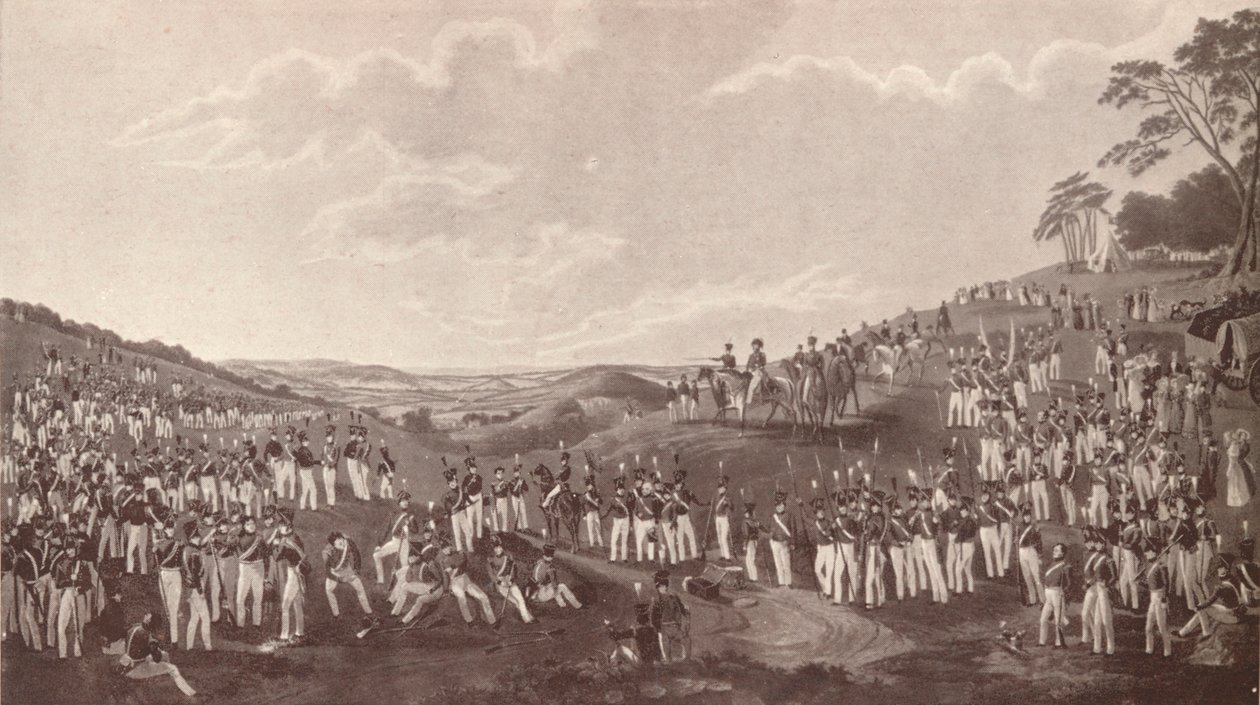 De Hon. Artilleriecompagnie verzameld voor baloefeningen op Childs Hill, c1820-1870, 1909 door Robert Havell