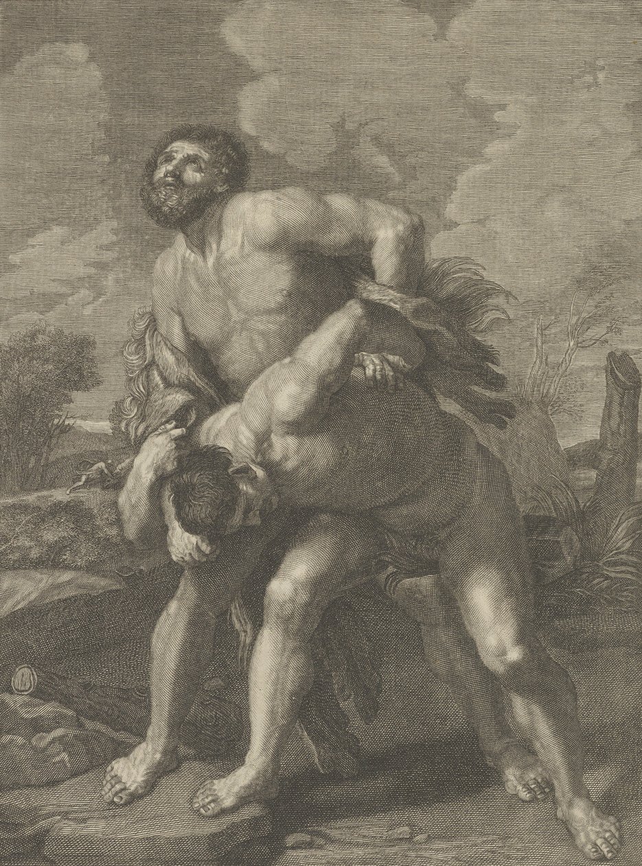 Hercules die een leeuwenhuid draagt en vecht met Achelous, een landschap op de achtergrond, ca. 1713-72 door Robert Hecquet