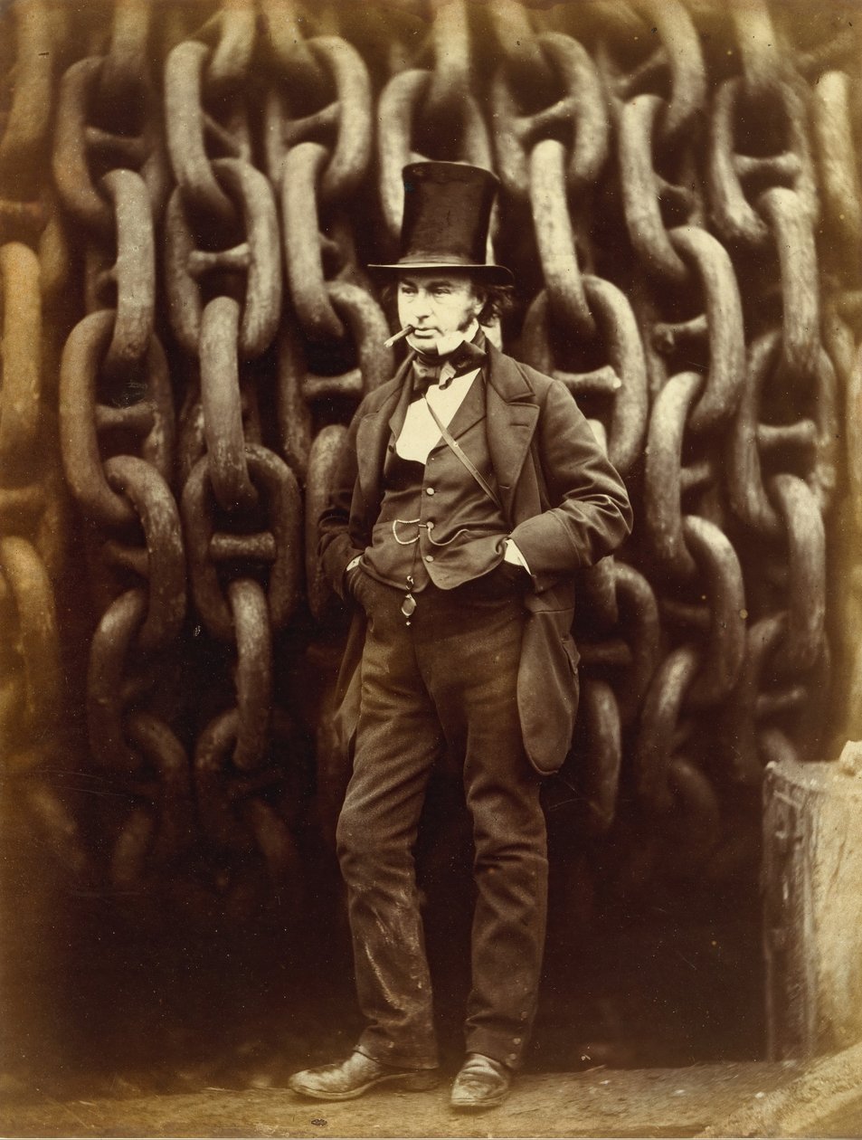 Isambard Kingdom Brunel staand voor de lanceerkettingen van de Great Eastern...gedrukt 1863-64 door Robert Howlett