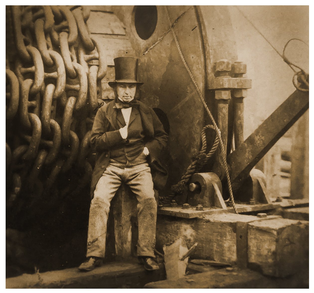 Isambard Kingdom Brunel bij de lanceerkettingen van de SS Great Eastern, 1857 door Robert Howlett