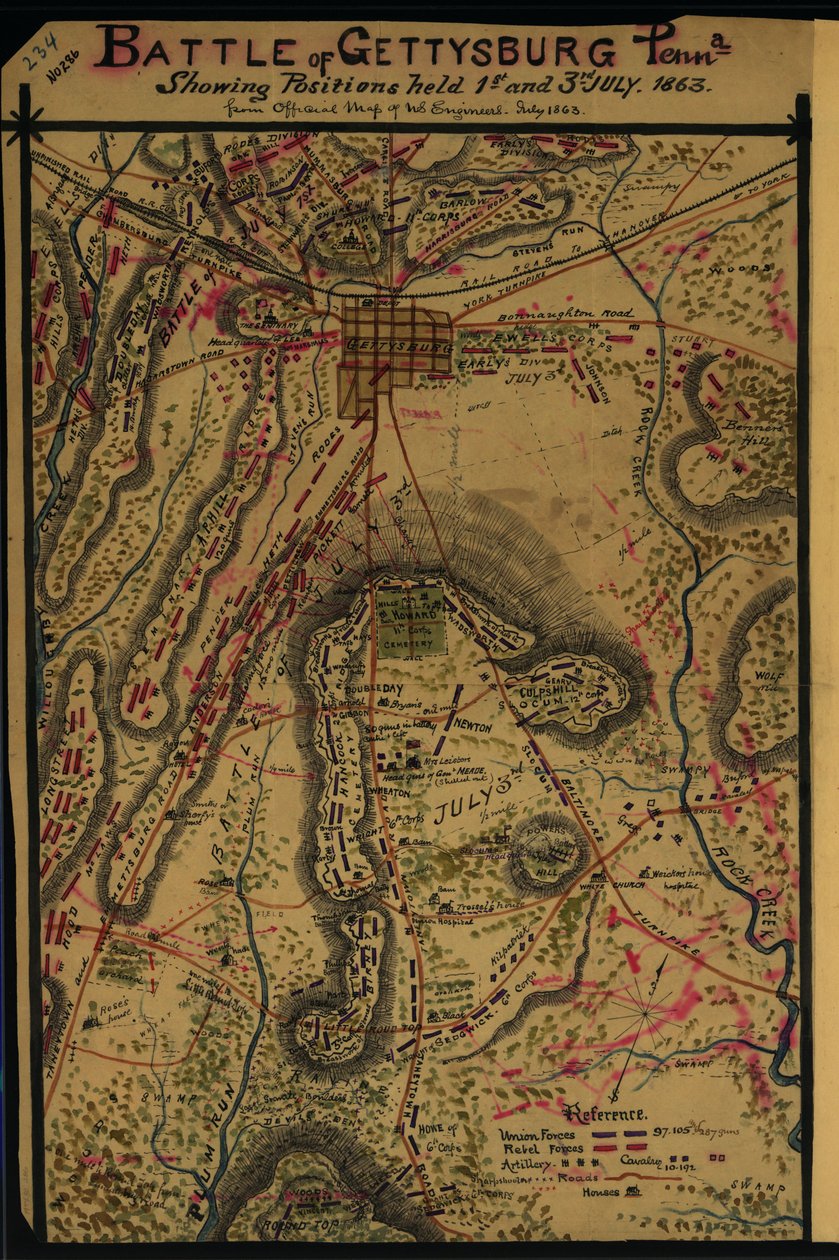 Slag bij Gettysburg, Penna. Posities ingenomen op 1 en 3 juli 1863. LOC gvhs01.vhs00265 door Robert Knox Sneden