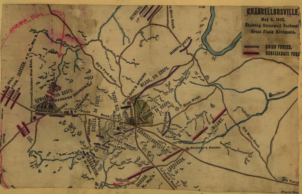 Chancellorsville, 2 mei 1863, met de grote flankbeweging van Stonewall Jackson LOC gvhs01.vhs00287 door Robert Knox Sneden
