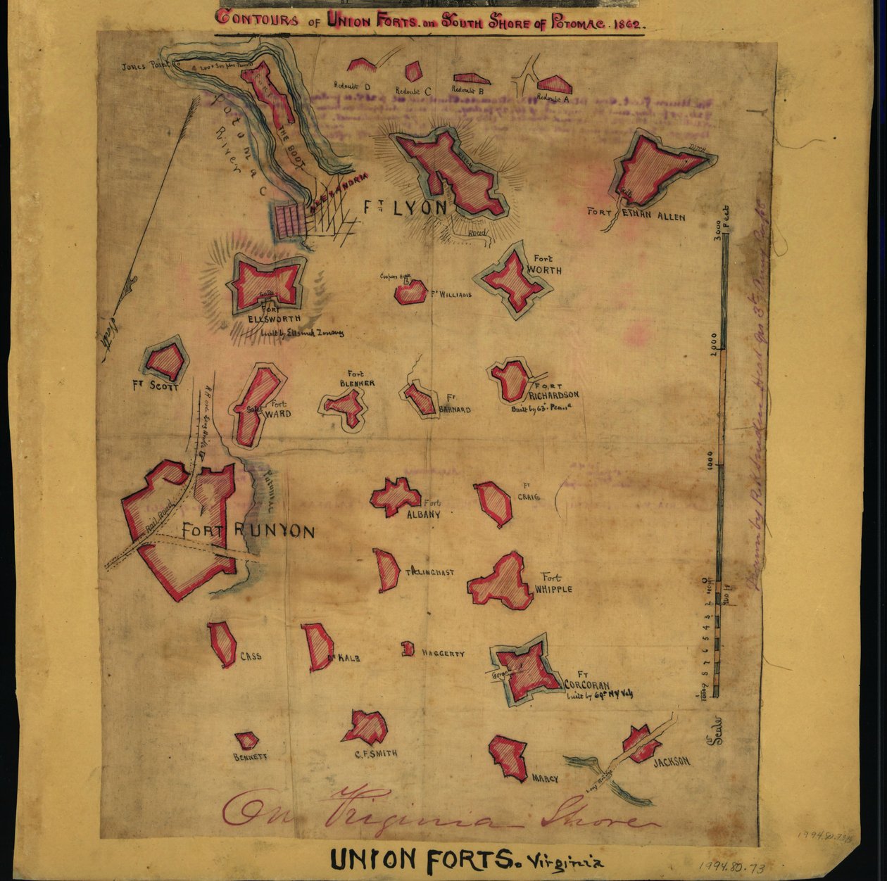 Contouren van forten van de Unie aan de zuidkant van Potomac, 1862 (kaart). LOC gvhs01.vhs00242 door Robert Knox Sneden