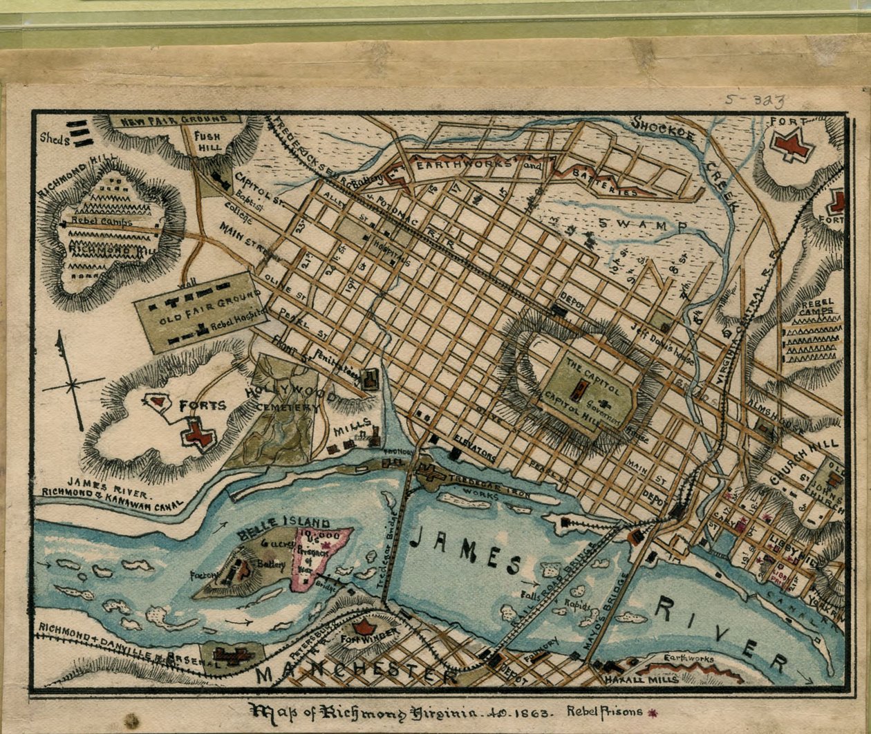 Kaart van Richmond, Virginia...1863. LOC gvhs01.vhs00051 door Robert Knox Sneden