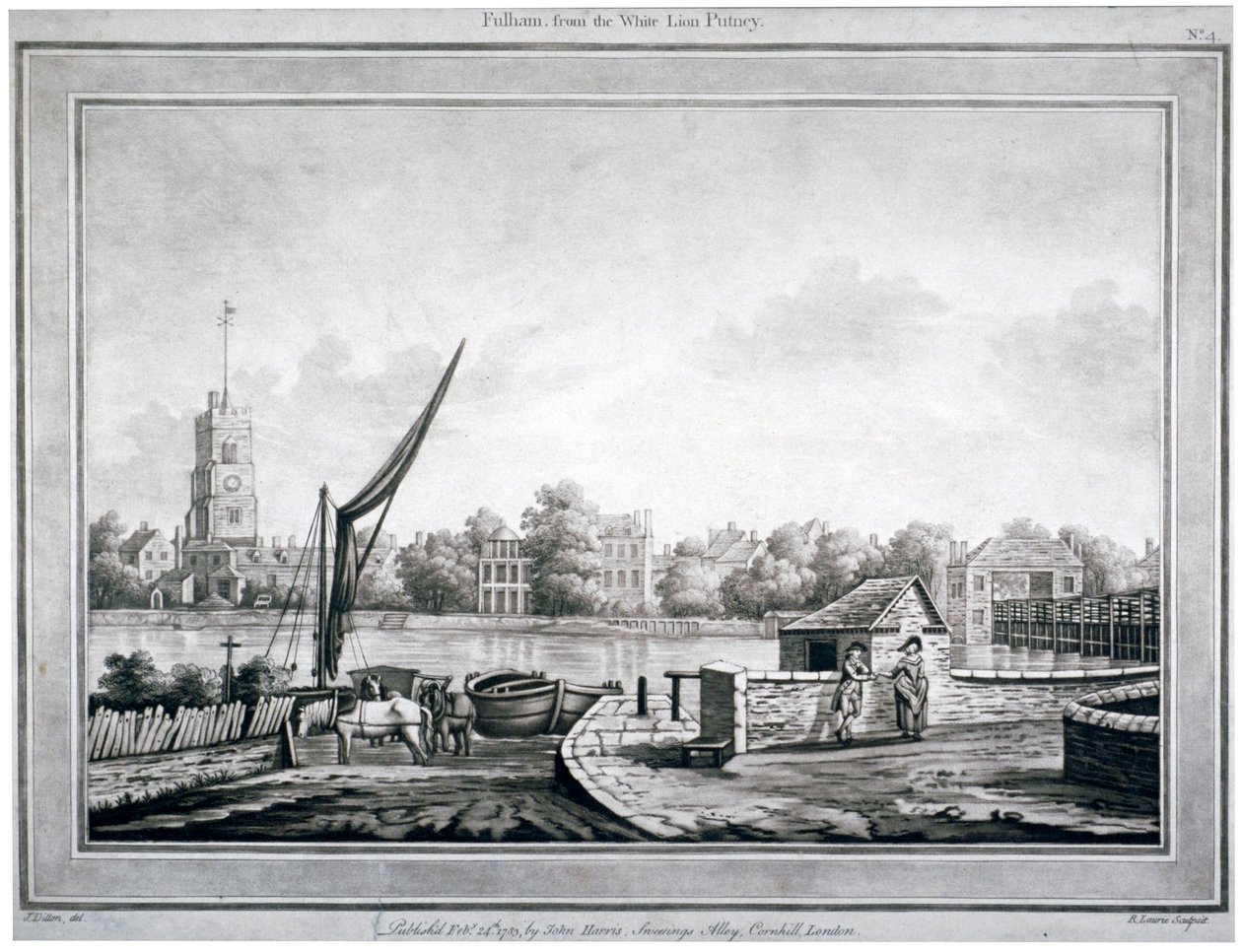 Uitzicht op Fulham vanaf de White Lion Inn, Putney, Londen, 1783 door Robert Laurie
