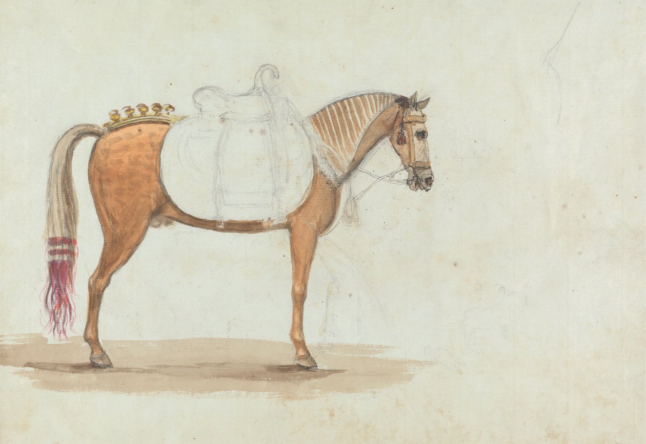 Onafgemaakte schets van een rijkelijk gezadeld paard door Robert Mabon
