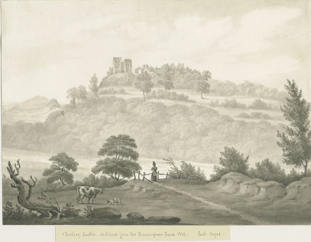 Dudley Castle: sepia tekening door Robert Noyes