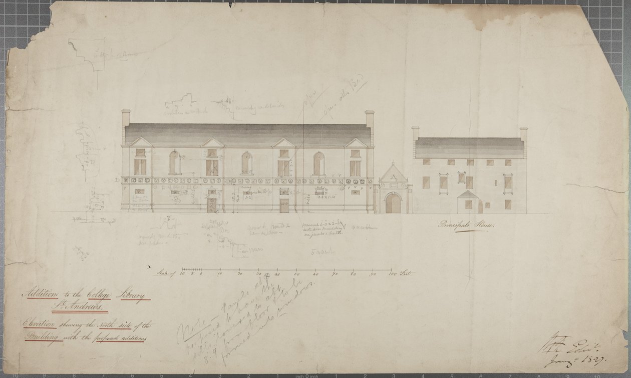 Architectonische tekening van de Universiteitsbibliotheek, 1827 door Robert Payton Reid