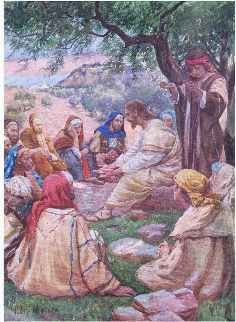 Jezus leert zijn discipelen bidden, uit Het Bijbel Prentenboek uitgegeven door Thomas Nelson, ca.1950 door Robert Payton Reid