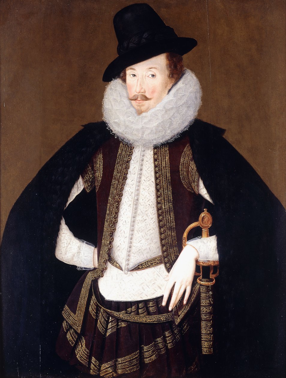 Portret van Sir Charles Cornwallis, in een met bont afgewerkte zwarte mantel, wit vest en bruine, goudgeborduurde jas door Robert Peake