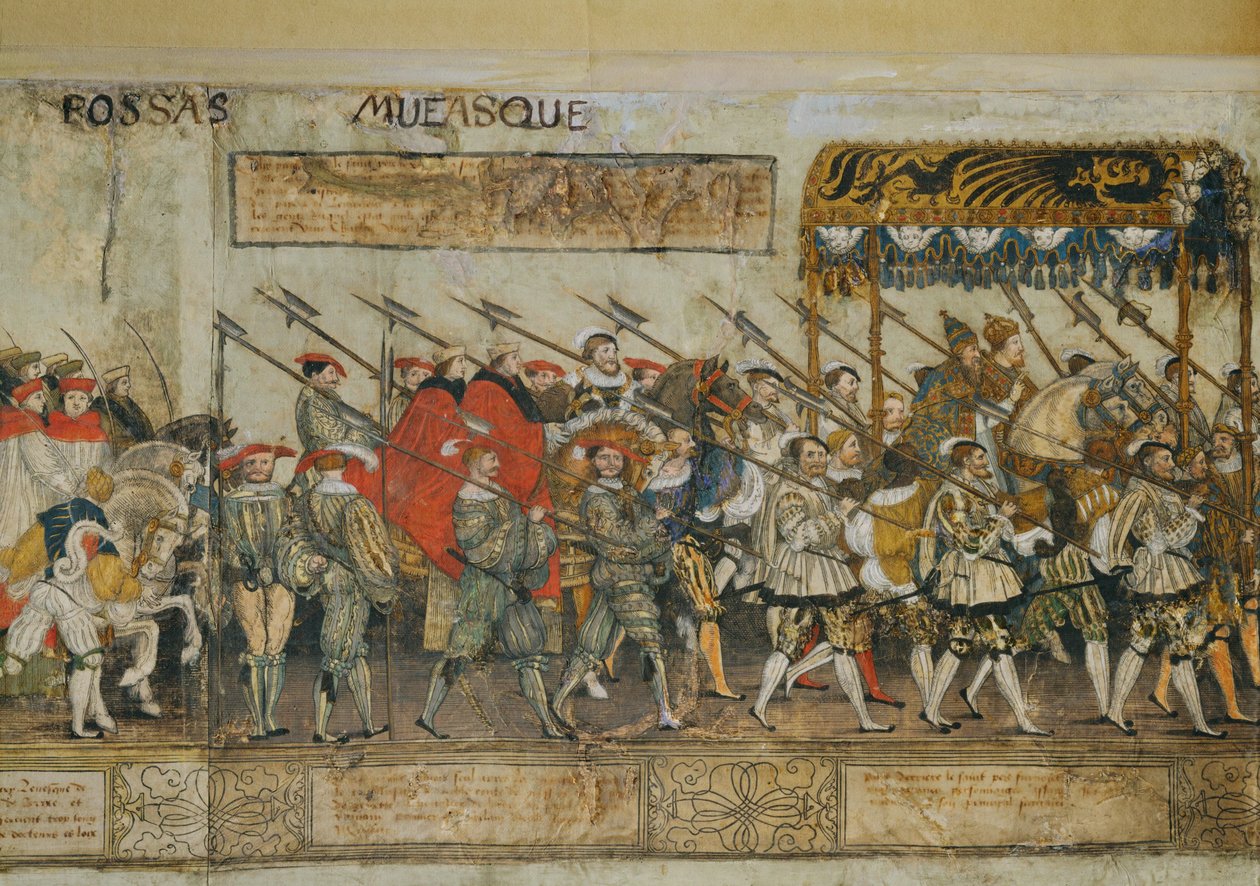 Cavalcade ter gelegenheid van de kroning van keizer Karel V in Bologna ... (ingekleurde houtsnede op perkament) door Robert Peril