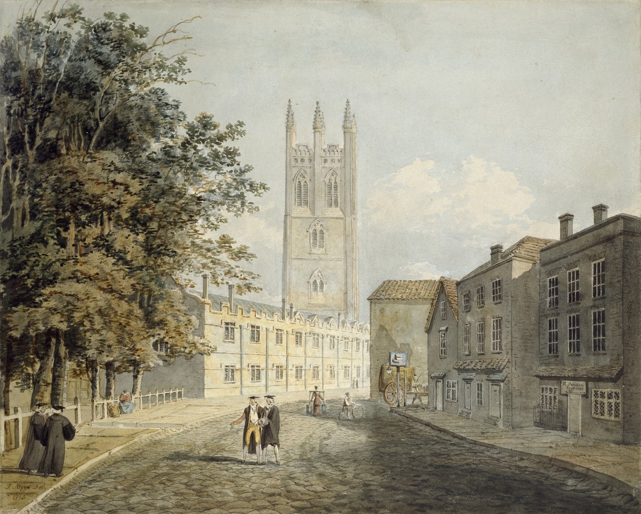 Magdalen College en het Oostelijke Einde van de High Street, Oxford, 1795 door Robert Revd Nixon