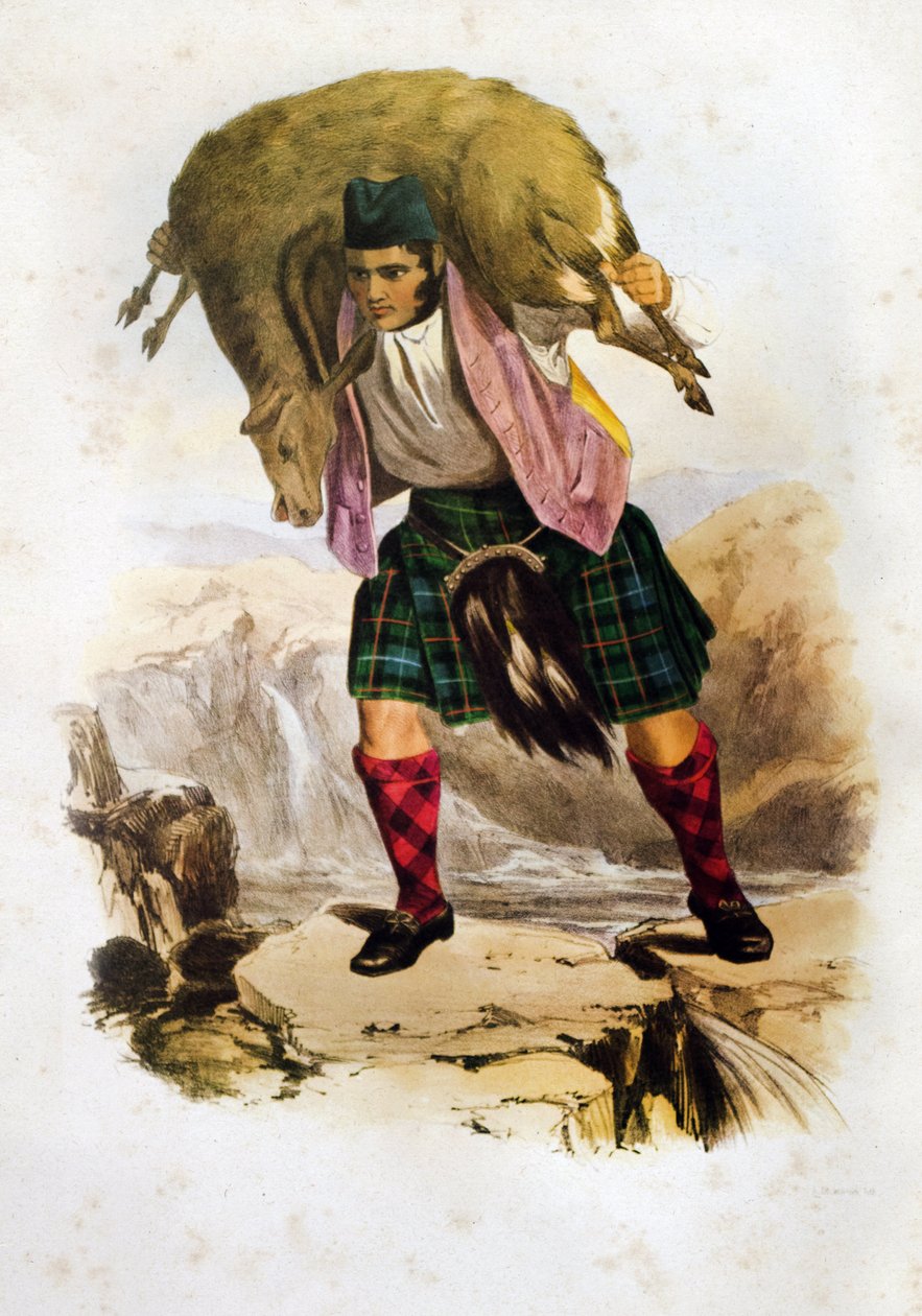 Een Schotse clankrijger Mac Rae met een schaap op zijn schouders - Litho van Robert Ronald McIAN uit "The Clans of The Scottish Highlands"" 1845 door Robert Ronald McIan