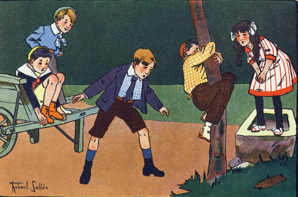 Een kat op een stok. Gravure in "Wat spelen we?" door E. Weber met aquareltekeningen van Robert Salles (1871-1929). Librairie Garnier Freres, Parijs door Robert Salles