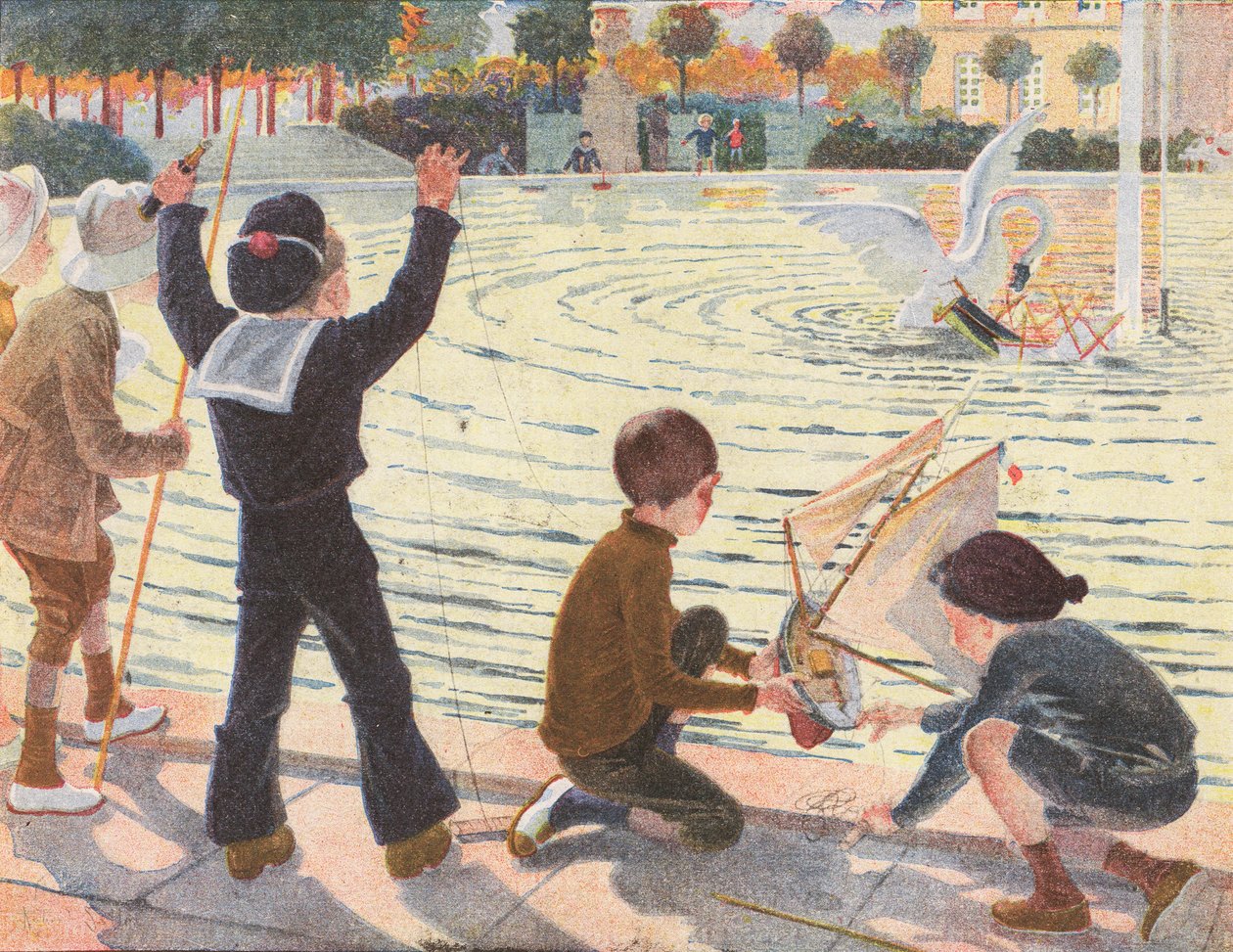 Een zwaan die een speelgoedjacht van een jongen laat zinken (kleurenlitho) door Robert Salles
