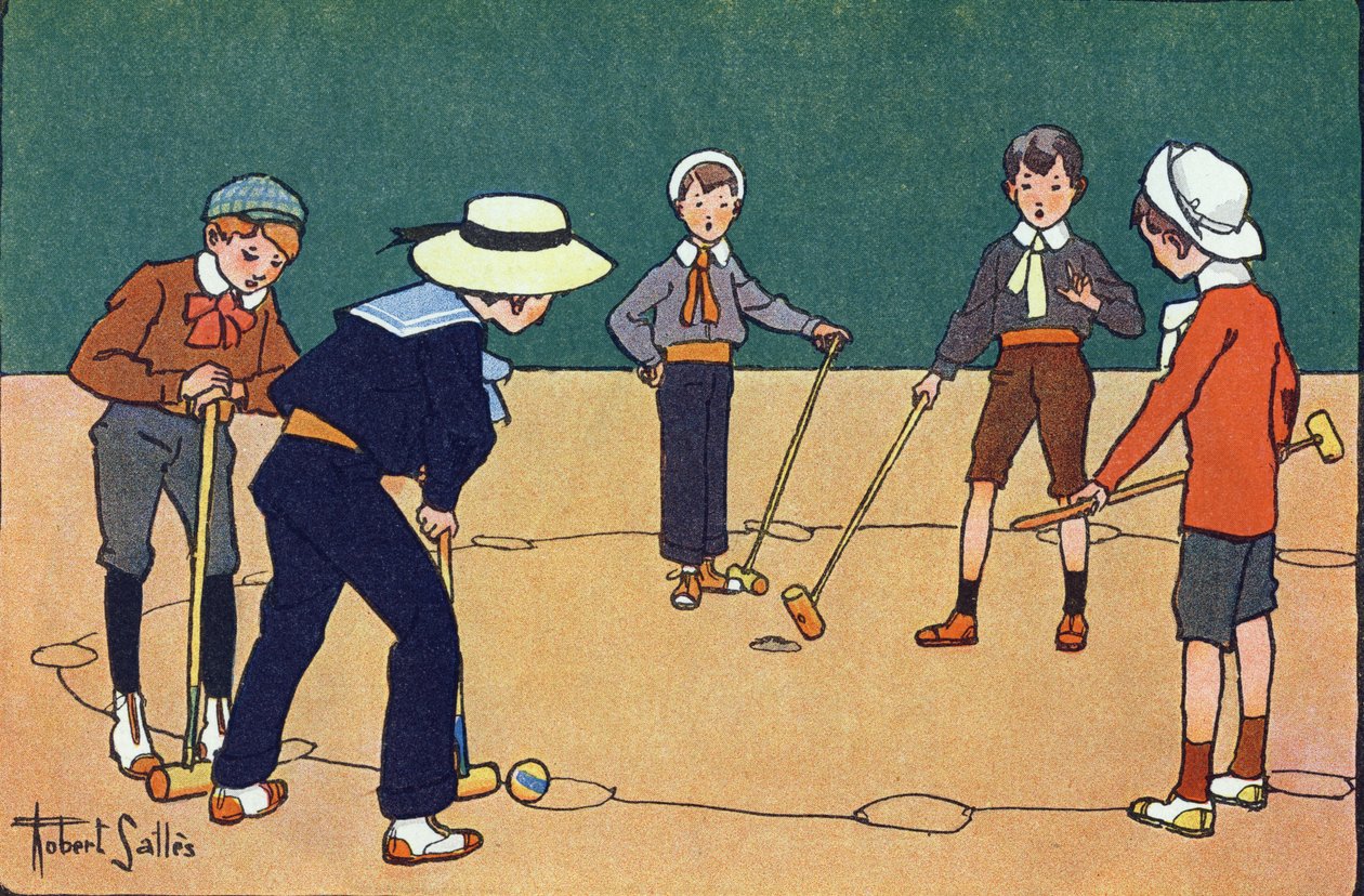 Bal per uur (behendigheidsspel met ballen en hamers). Gravure in "Waar spelen we mee?" door E. Weber met aquareltekeningen van Robert Salles (1871-1929). Librairie Garnier Frères, Parijs door Robert Salles