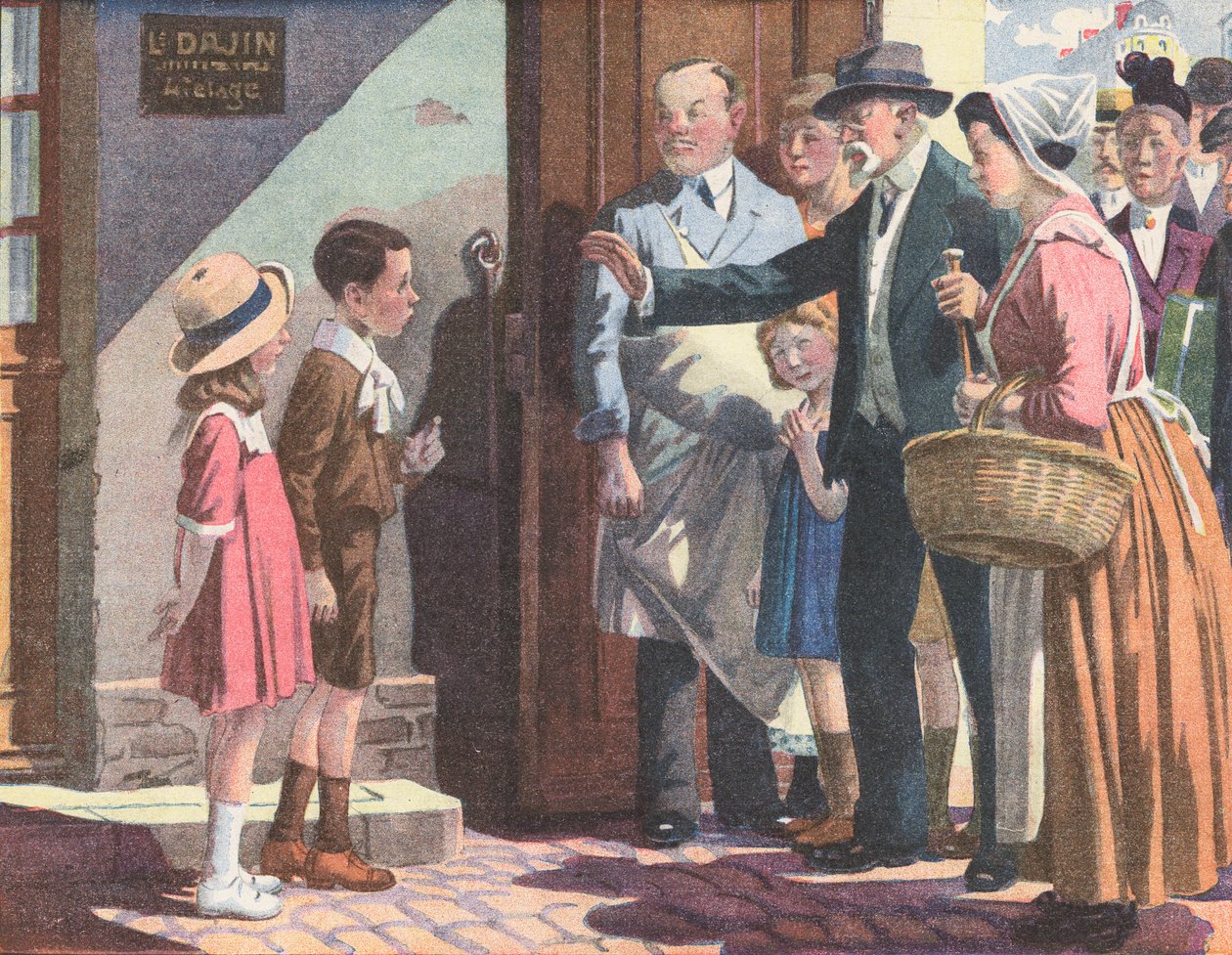 Broer en zus die hun ouders uitdaagden door te ver van huis te gaan tijdens het buitenspelen (kleurenlitho) door Robert Salles