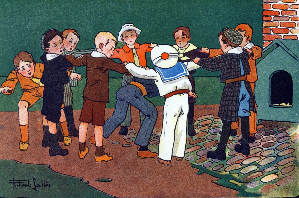 Kat en muis. Gravure in "Waar spelen we mee?" door E. Weber met aquareltekeningen van Robert Salles (1871-1929). Librairie Garnier Frères, Parijs door Robert Salles