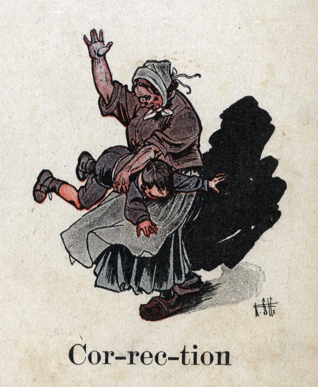 Kinderboek “Ik zal lezen - Methodisch en leuk alfabet door een vader” 1926. Illustratie door Robert Salles (1871-1929). “Correctie”. Straf: een moeder straft haar kind door Robert Salles