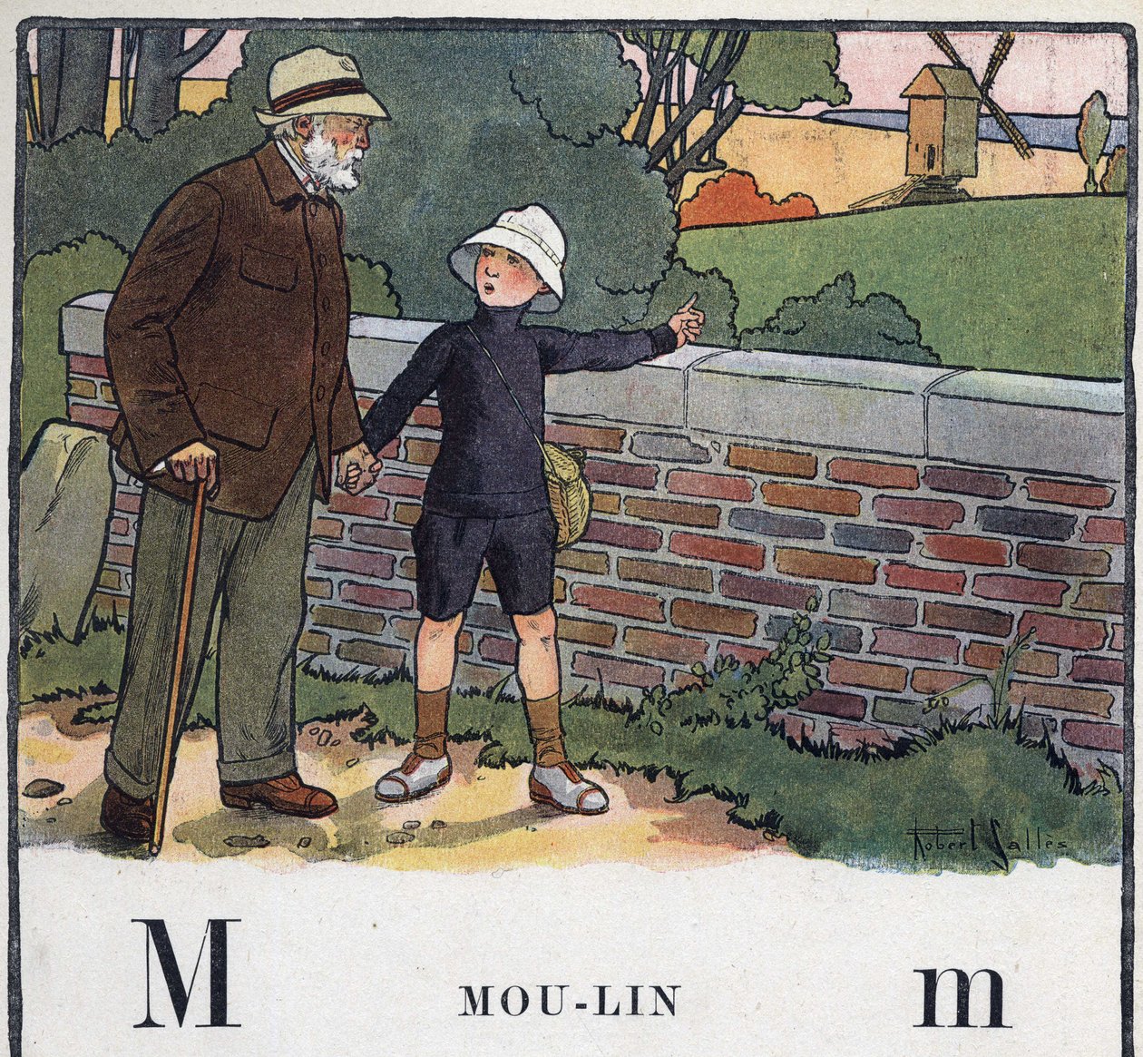 Kinderboek “Ik zal lezen - Methodisch en leuk alfabet door een vader” 1926. Illustratie door Robert Salles (1871-1929). Abecedarium: letter M als Molen. Een jongen loopt met zijn grootvader. Hij wijst naar een windmolen door Robert Salles