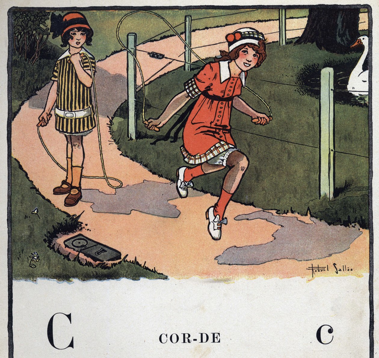 Kinderboek “Ik zal lezen - Methodisch en leuk alfabet door een vader” 1926. Illustratie door Robert Salles (1871-1929). Abecedarium: letter C als Touw. Twee meisjes spelen touwtje springen door Robert Salles