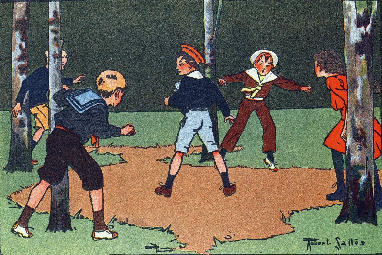 Vier hoeken. Gravure in "Waar spelen we mee?" door E. Weber met aquareltekeningen van Robert Salles (1871-1929). Librairie Garnier Freres, Parijs door Robert Salles