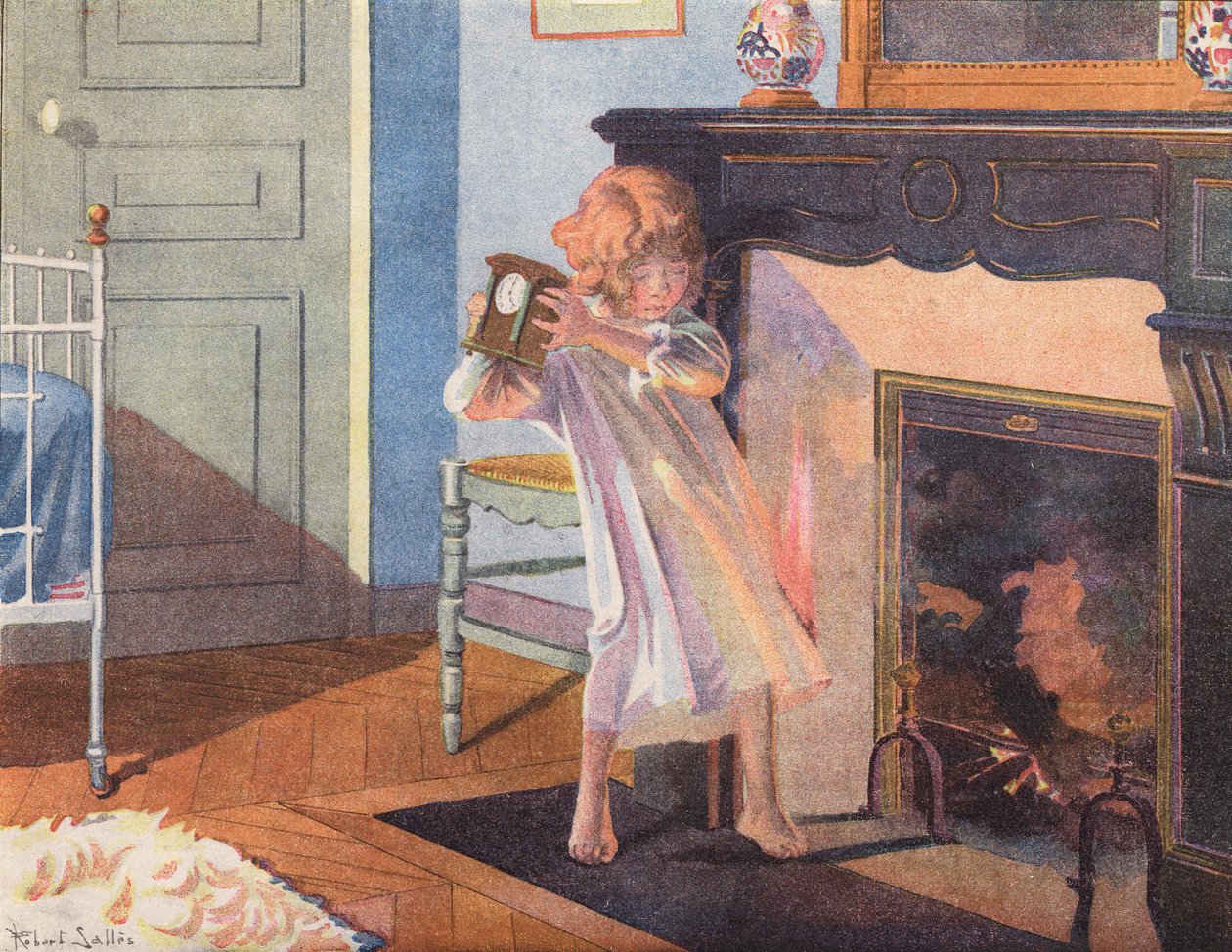 Klein meisje met klok bij open haard (kleurenlitho) door Robert Salles