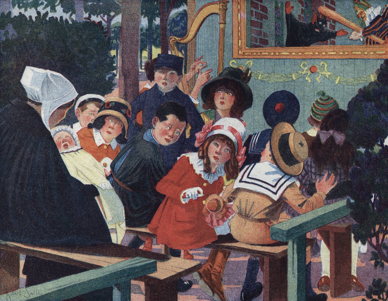 Poppenshow: kinderen in het guignoltheater worden gestoord door een huilende baby. Illustratie door Robert Salles (1871-1929) in “Ik kan lezen” door Robert Salles