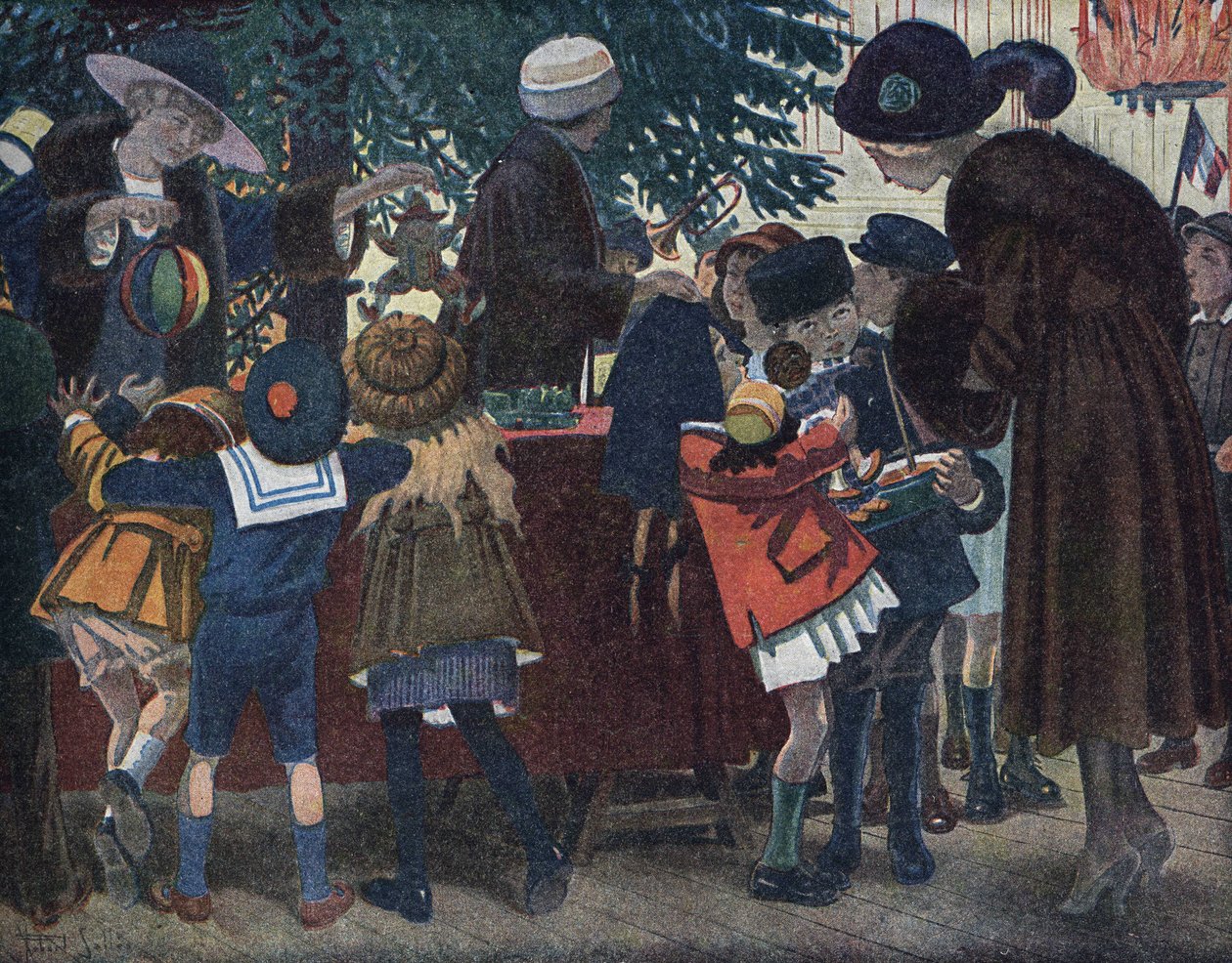 De kerstboom van de Lotharingse Elzassers: kinderen uit de Elzas en Lotharingen (Elzas-Lotharingen) komen hun cadeaus ophalen rond de kerstboom die aan de stad is aangeboden. Illustratie door Robert Salles (1871-1929) in “Ik kan lezen” door Robert Salles