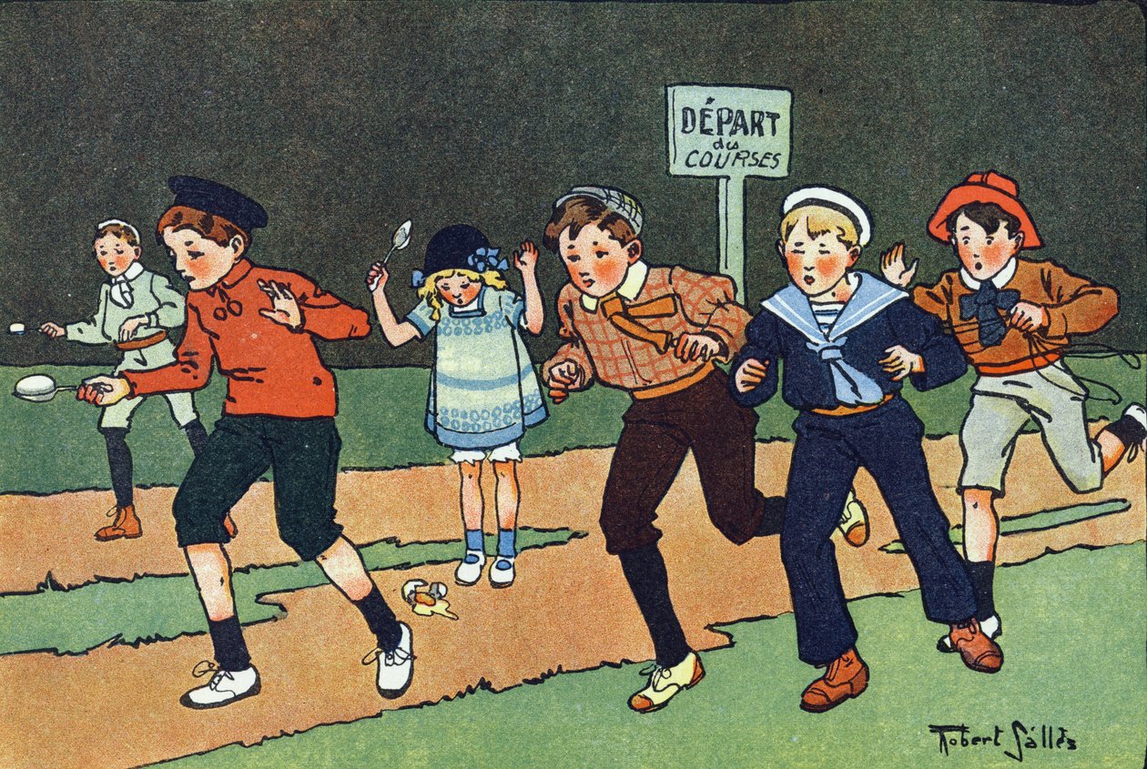 De eierwedstrijd. Gravure in "Waar spelen we mee?" door E. Weber met aquareltekeningen van Robert Salles (1871-1929). Librairie Garnier Freres, Parijs door Robert Salles