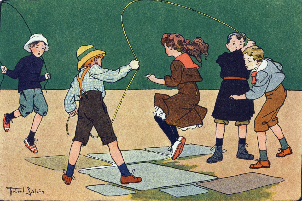 Het touwtjespringen. Gravure in "Wat spelen we?" door E. Weber met aquareltekeningen van Robert Salles (1871-1929). Librairie Garnier Freres, Parijs door Robert Salles