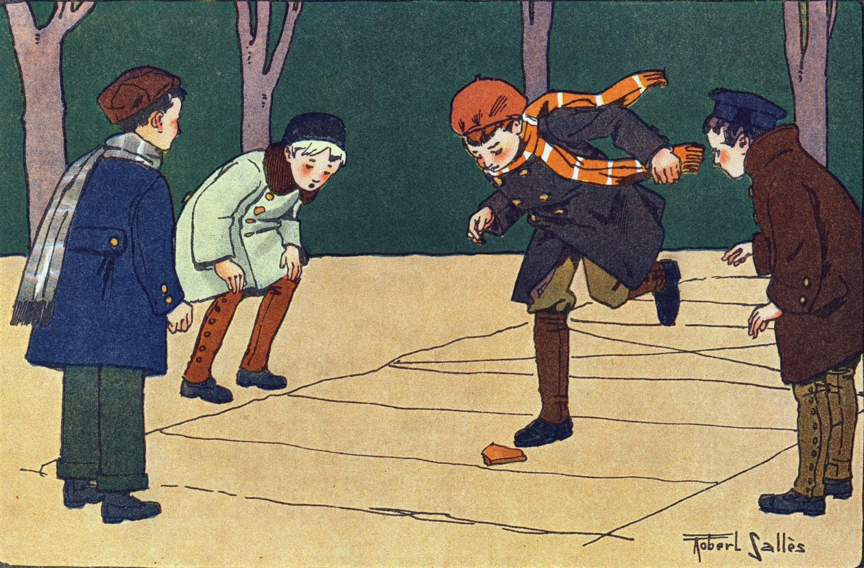 De hinkelbaan. Gravure in "Waar spelen we?" door E. Weber met aquareltekeningen door Robert Salles (1871-1929). Librairie Garnier Frères, Parijs door Robert Salles