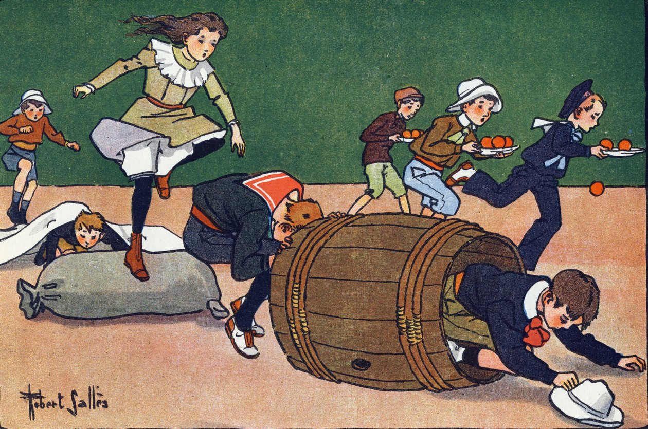 De hindernisrace. Gravure in "Waar spelen we mee?" door E. Weber met aquareltekeningen van Robert Salles (1871-1929). Librairie Garnier Frères, Parijs door Robert Salles