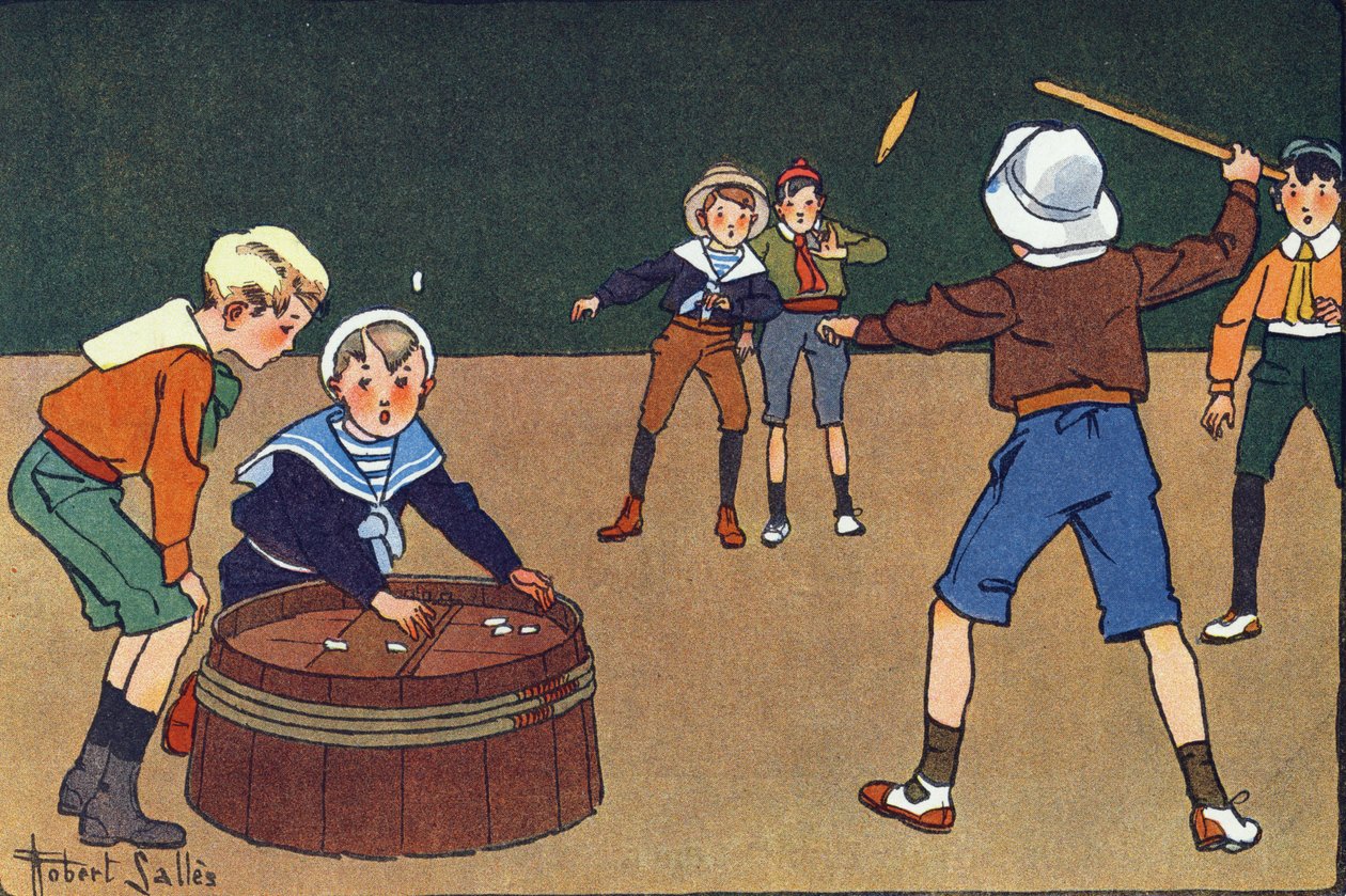 De osselets en de quinet. Gravure in "Wat spelen we?" door E. Weber met aquareltekeningen van Robert Salles (1871-1929). Librairie Garnier Freres, Parijs door Robert Salles