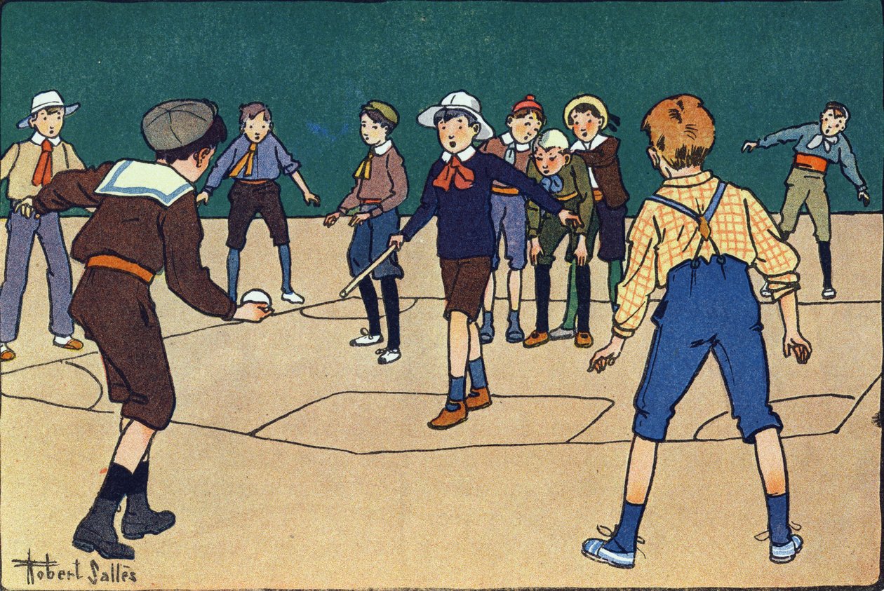 Theque (teamspel met bal en stok). Gravure in "Wat spelen we?" door E. Weber met aquareltekeningen van Robert Salles (1871-1929). Librairie Garnier Freres, Parijs door Robert Salles