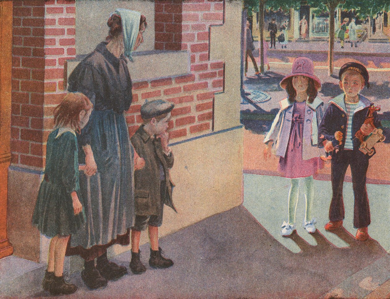Twee rijke kinderen ontmoeten een arme moeder en haar kinderen die op straat bedelen (kleurenlitho) door Robert Salles