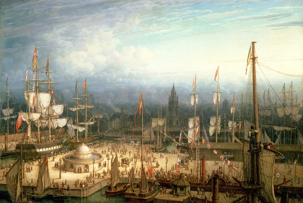 Viermastklipper in de haven van Liverpool, ca. 1810 door Robert Salmon