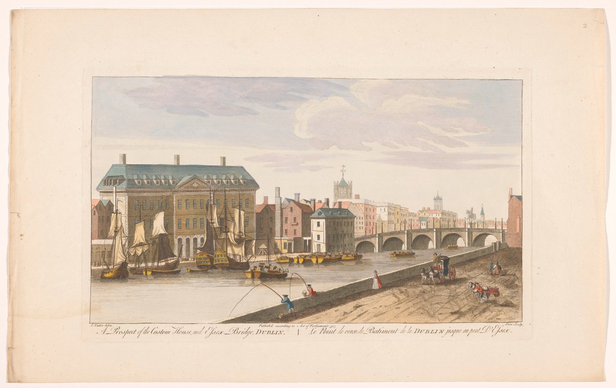 Gezicht op het Custom House en de Essex Bridge over de rivier de Liffey te Dublin door Robert Sayer (possibly)