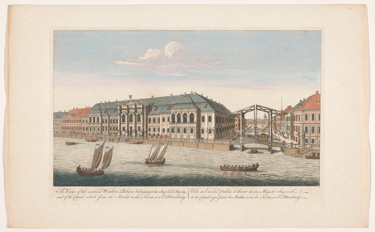 Gezicht op het Winterpaleis en het kanaal tussen de rivieren de Mojka en de Neva te Sint-Petersburg door Robert Sayer (possibly)