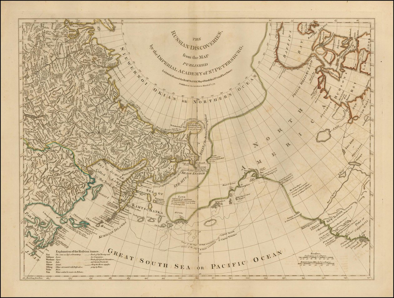 Kaart uit 1775 - De Russische ontdekkingen, van de kaart uitgegeven door de Keizerlijke Academie van Sint-Petersburg door Robert Sayer