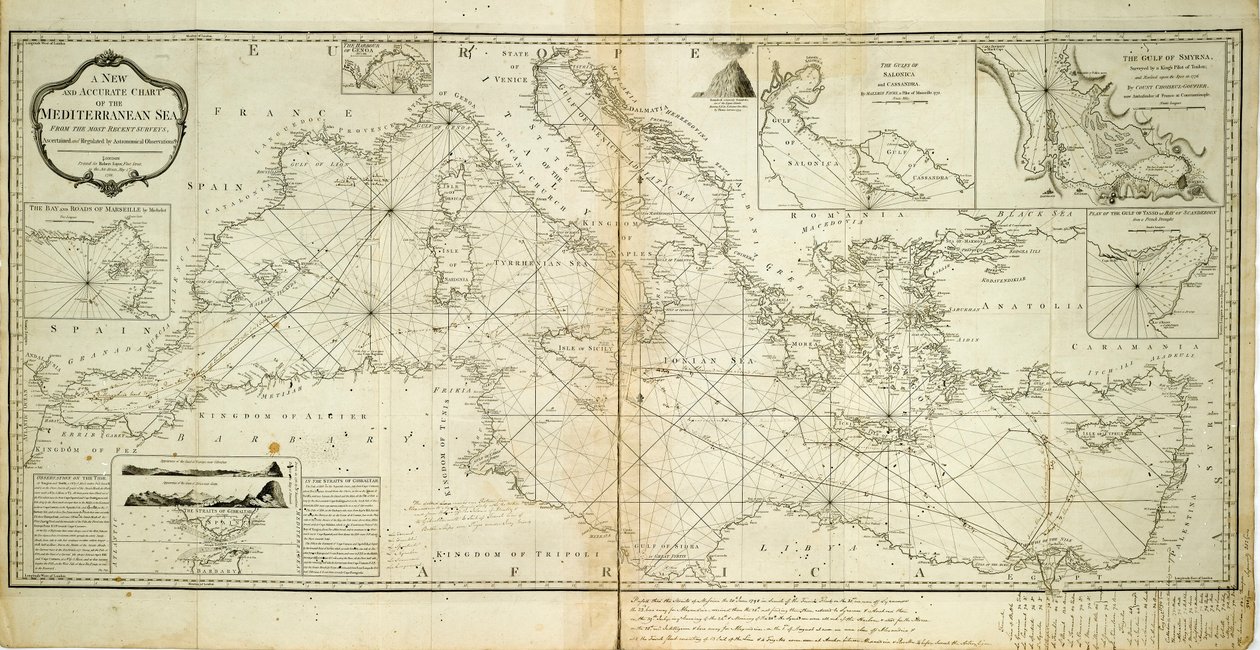 Een nieuwe en nauwkeurige kaart van de Middellandse Zee van de meest recente onderzoeken, vastgesteld en gereguleerd door astronomische waarnemingen door Robert Sayer