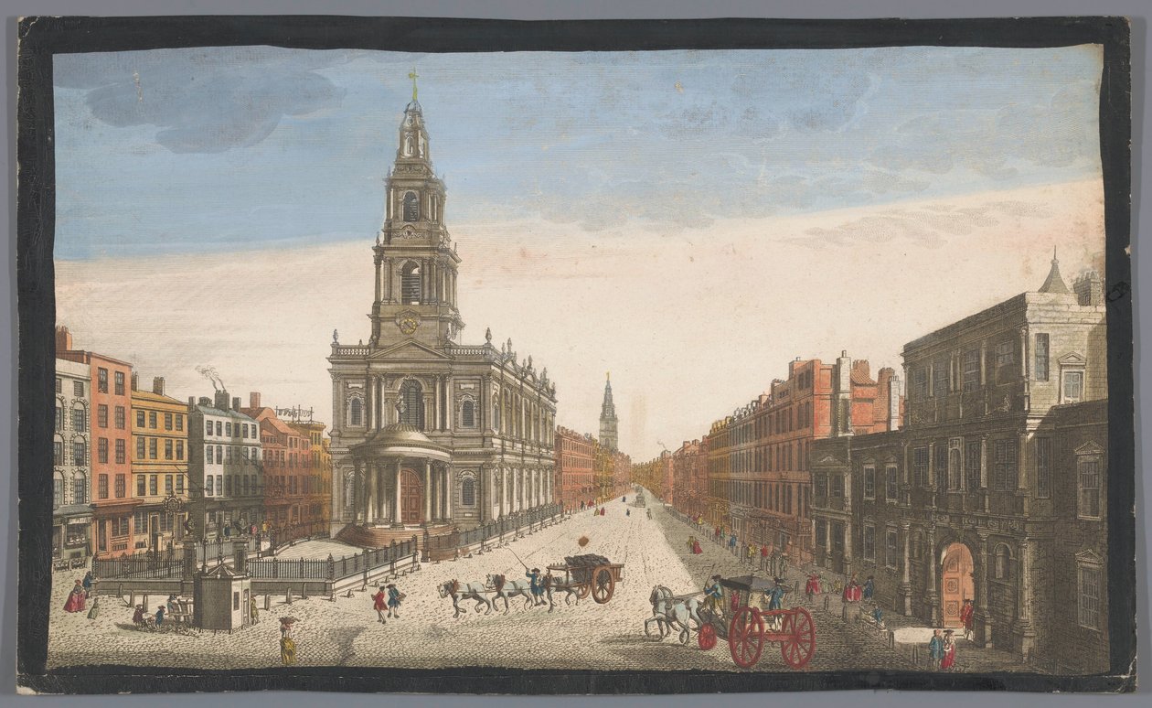 Gezicht op Somerset House en de kerk Saint Mary-le-Strand te Londen door Robert Sayer