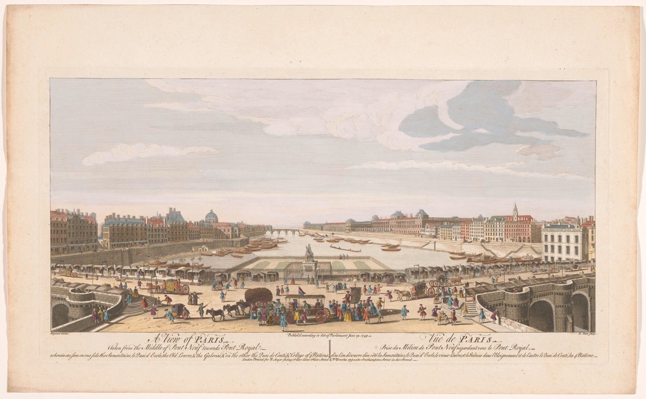 Gezicht op de Pont Neuf over de rivier de Seine te Parijs, gezien richting de Pont Royal door Robert Sayer