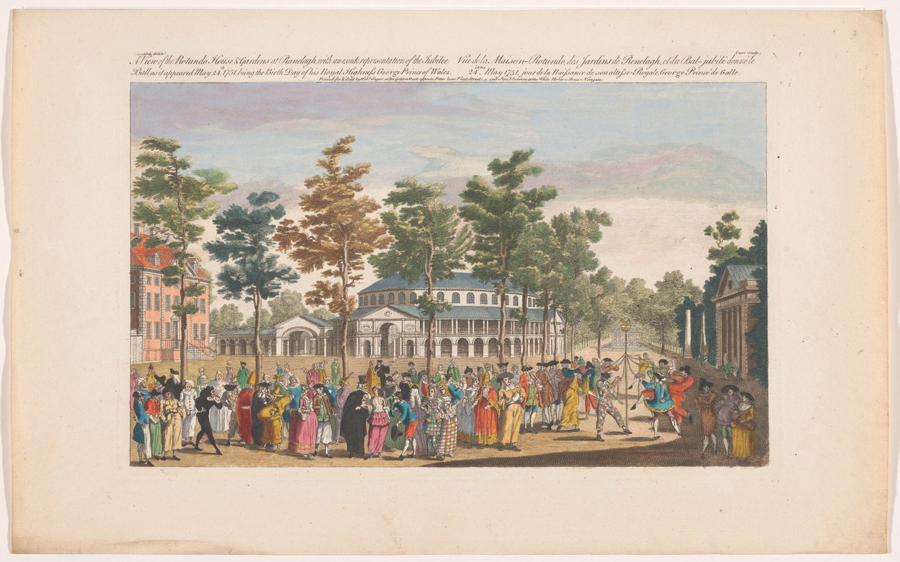 Gezicht op de Rotunda in Ranelagh Gardens te Londen met een gemaskerd bal ter gelegenheid van de verjaardag van de prins van Wales op 24 mei 1751 door Robert Sayer