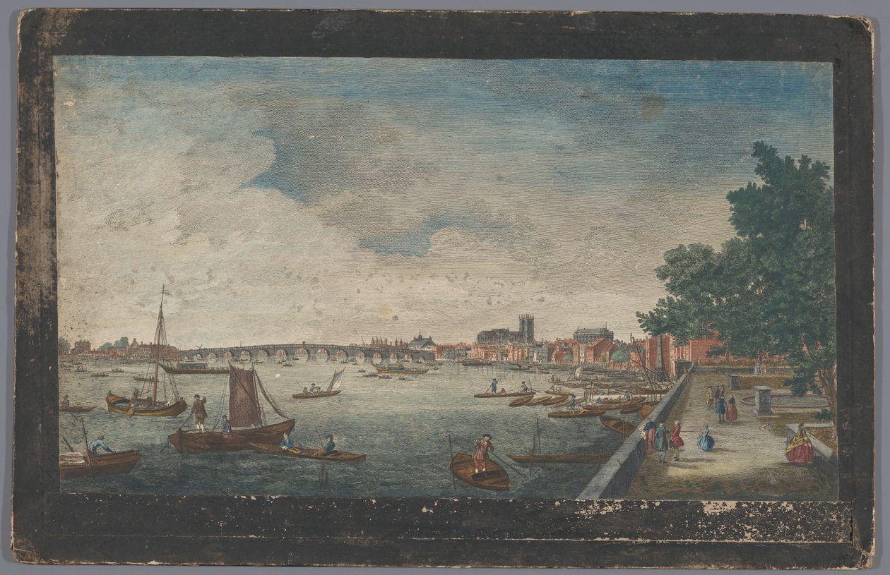 Gezicht op de Westminster Bridge over de rivier de Theems te Londen, gezien vanaf de tuin van Somerset House door Robert Sayer