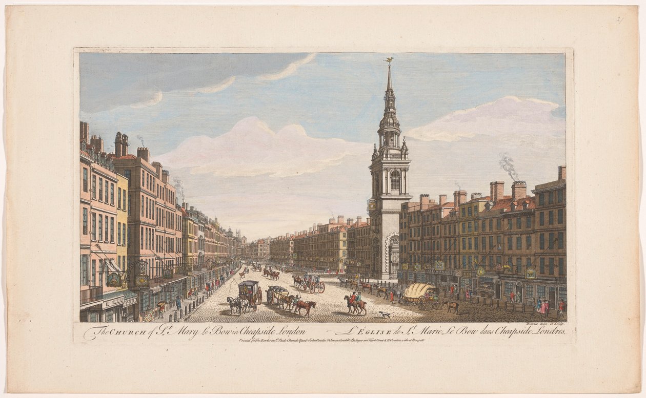 Gezicht op de kerk Saint Mary-le-Bow aan de straat Cheapside te Londen door Robert Sayer