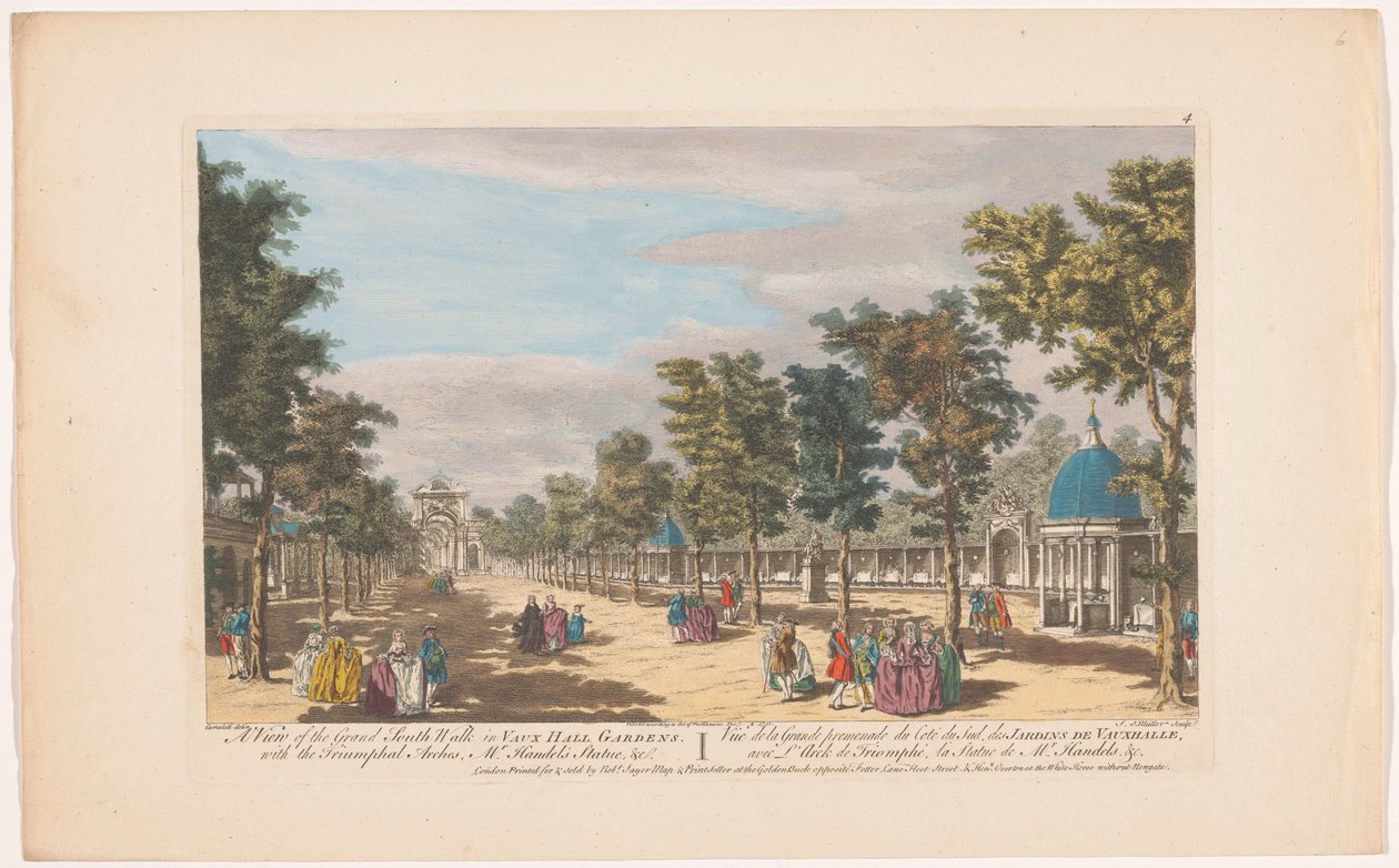 Gezicht op een laan met een triomfboog in Vauxhall Gardens te Londen door Robert Sayer