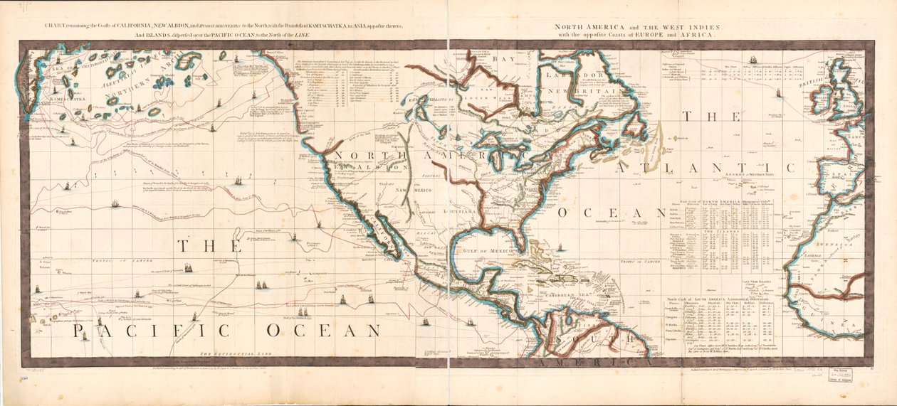 Kaart met de kusten van Californië, New Albion en Russische ontdekkingen in het noorden; met het schiereiland Kamtsjatka in Azië, daartegenover; en eilanden, verspreid over de Stille Oceaan, ten noorden van de lijn. Noord-Amerika en het Westen door Robert Sayer And John Bennett
