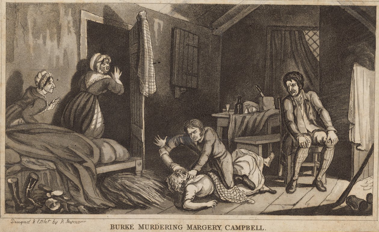 Burke die Margery Campbell vermoordt (gravure) door Robert Seymour